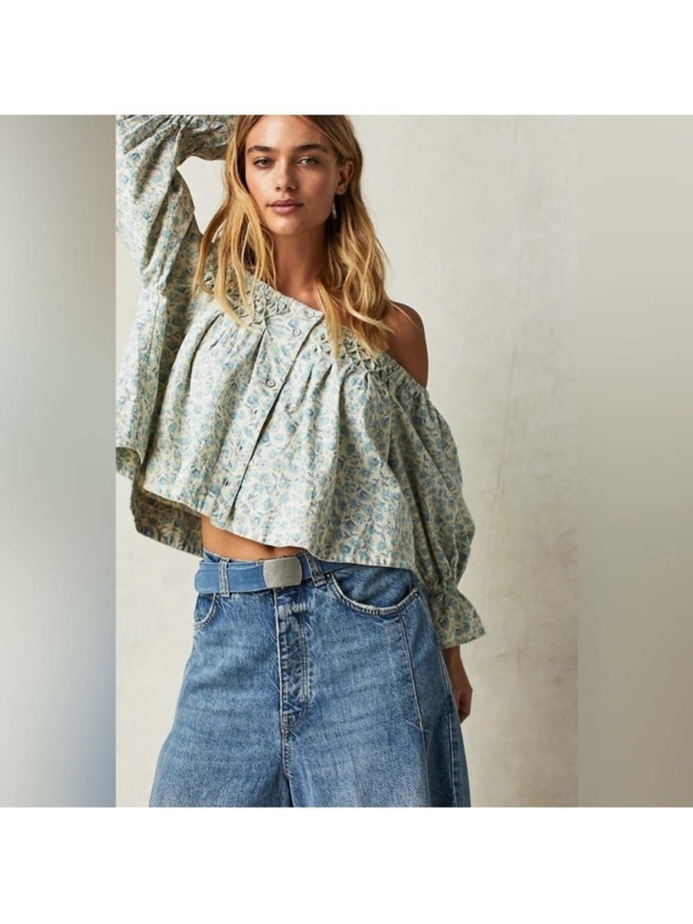 Off-Shoulder Floral Peasant Top in Light Blue